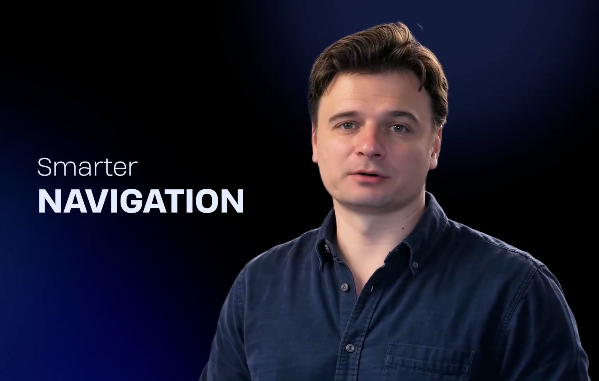 Krock.io new features launch video — presenter on camera beside the title Smarter Navigation
