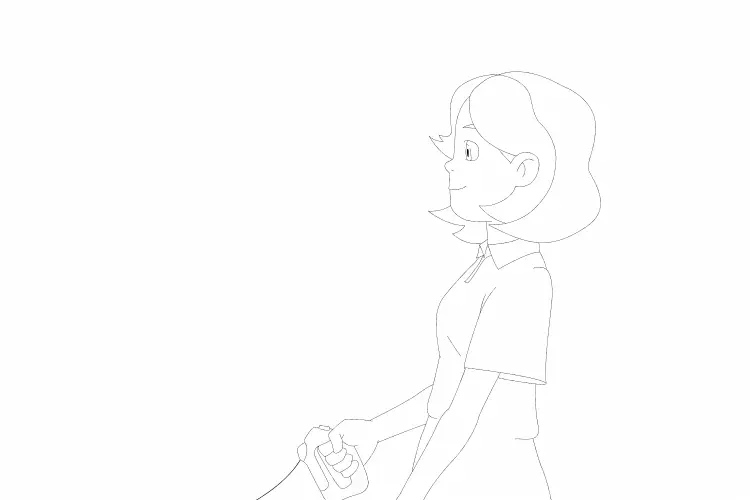 a girl with a red hair in green dress, sketch, cel animation