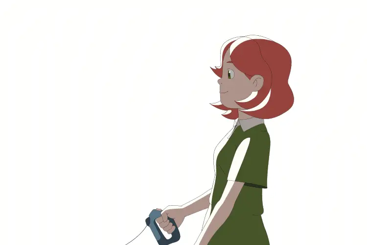 a girl with a red hair in green dress holds on a leash walks with the dog, sketch, cel animation